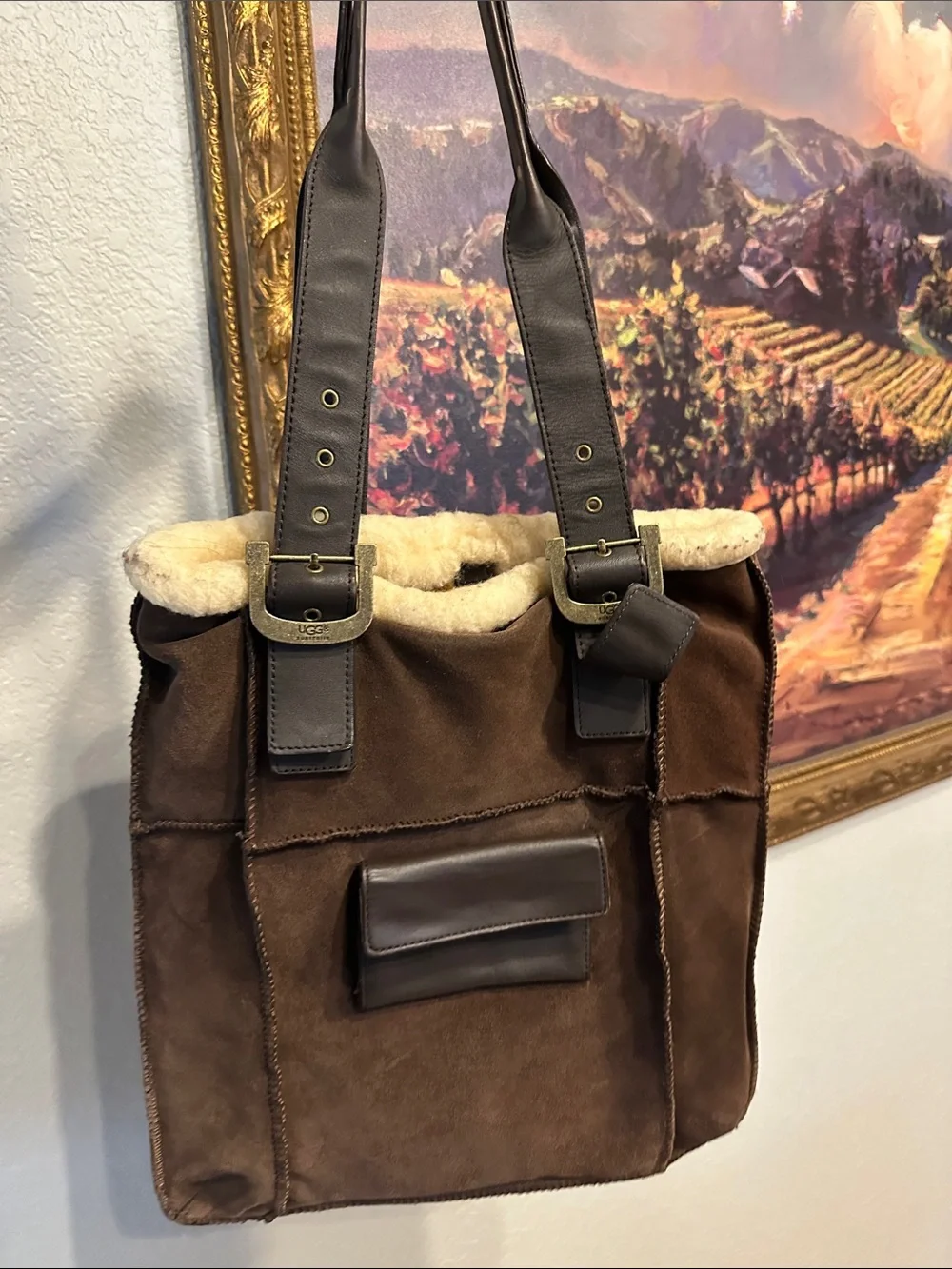 UGG Brown Suede Messenger Tote with Shearling Trim